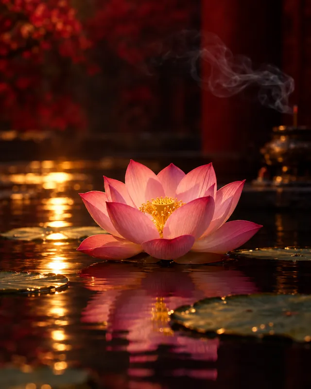 A pink lotus in bloom on still, dark water