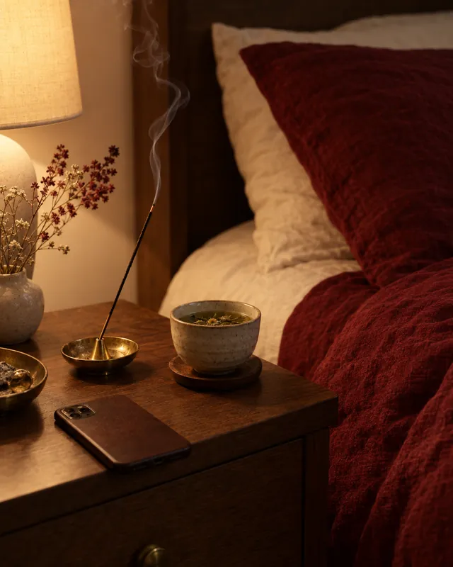 An evening bedside with incense smoke rising from a brass holder beside a cup of tea